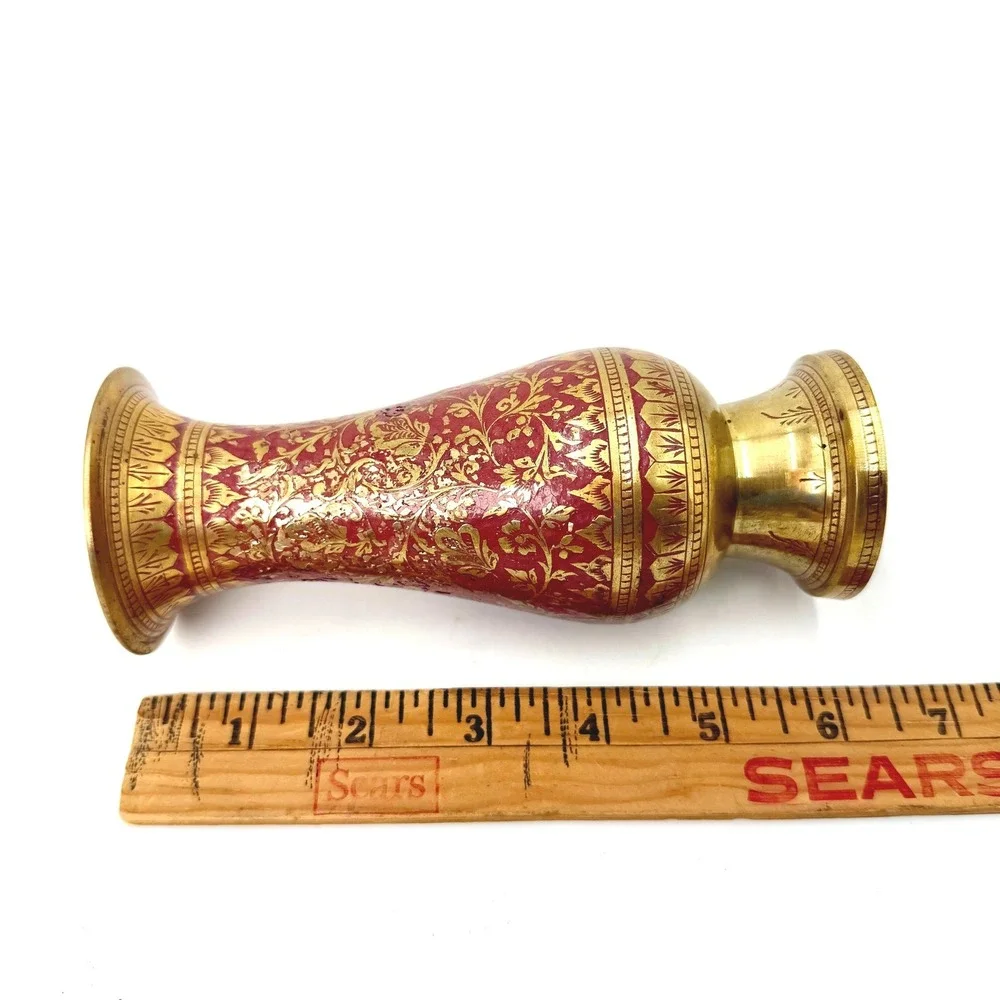 Vintage Light‎ Red Enamel Etched Brass Floral Vase Bohemian Indian Decor Gold
